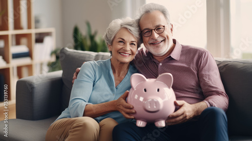 Cheerful senior couple sitting closely together on a sofa, holding a piggybank, symbolizing financial security and savings in their retirement years.