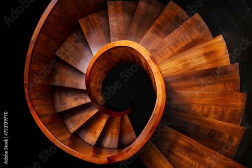 Detailed view of a wooden spiral staircase  showcasing the intricate spiral design and wood grain texture.