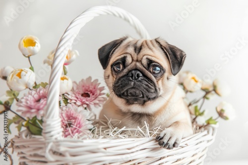 A small dog sits inside a basket filled with colorful flowers, looking peaceful and content in a charming outdoor setting. © pham