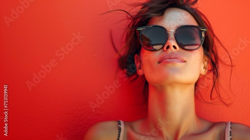 Hispanic Woman with Sunglasses on Red Background