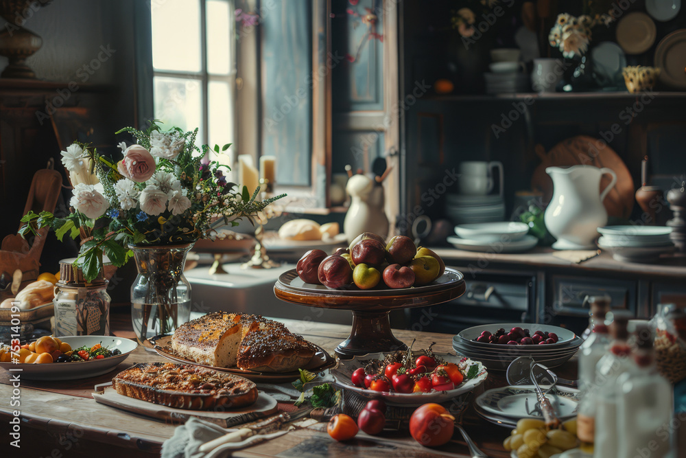 A still life composition with autumn berries, mixed fruits, and vintage pottery against a textured grey background.. A still life composition with autumn berries, mixed fruits, and vintage pottery against a textured grey background..