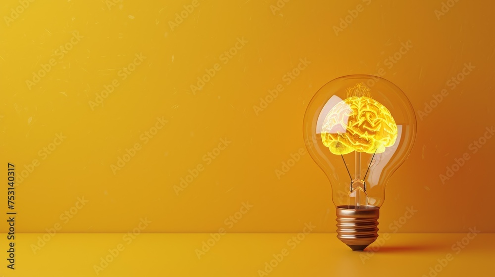 Lightbulb with Glowing Brain Yellow Background Lightbulb with Glowing Brain Yellow Background
