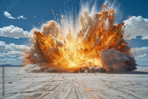 Photo, show realistic sand flat explosion, shot using a Hasselblad camera. Clean sharp focus. High - end retouching.World magazine photography.Award winning photography. Advertising photography. photo