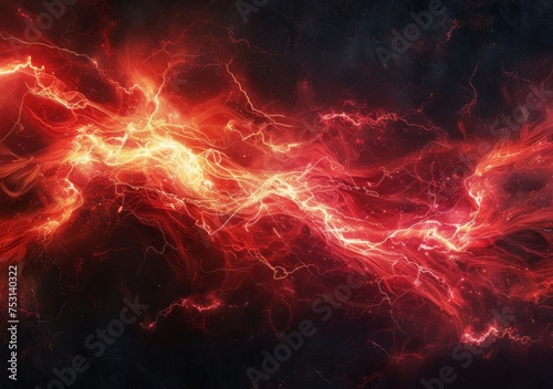 red and lightning strand on a black background, in the style of solarization, electric