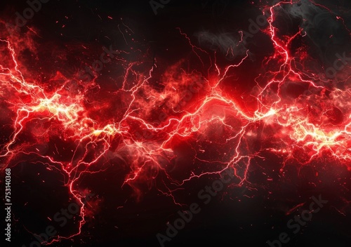 red and lightning strand on a black background, in the style of solarization, electric