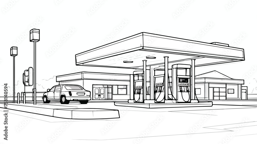 Art illustration gas station plate freehand draw car