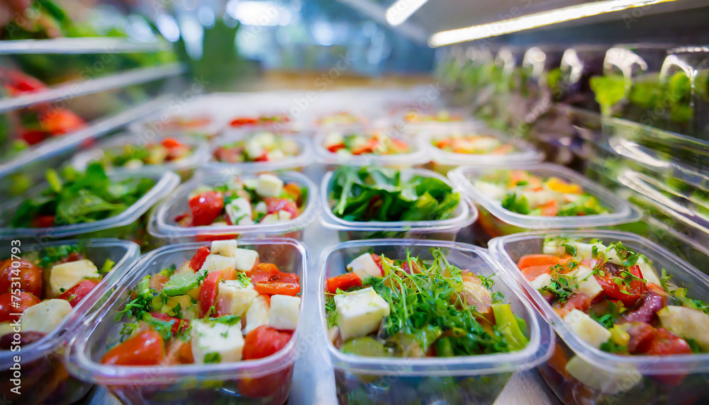 Ready-to-eat vegetable salads in plastic boxes. Nutritious meals. Organic and natural products. Tasty food. Ready-to-eat vegetable salads in plastic boxes. Nutritious meals. Organic and natural products. Tasty food.