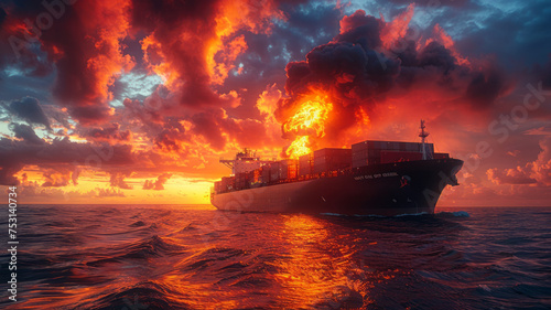 fire is burning large cargo ship while traveling to deliver goods at sea during sunset,generative ai © Krisana
