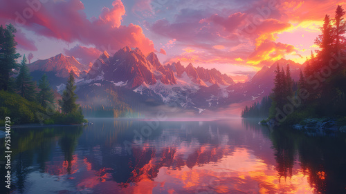 A serene sunset casts vibrant colors over a mountain range with a perfect reflection on the calm lake below  surrounded by evergreens..