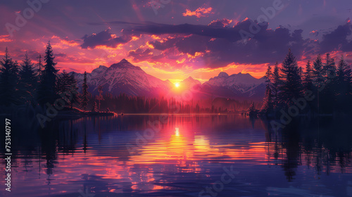 A serene sunset casts vibrant colors over a mountain range with a perfect reflection on the calm lake below, surrounded by evergreens..