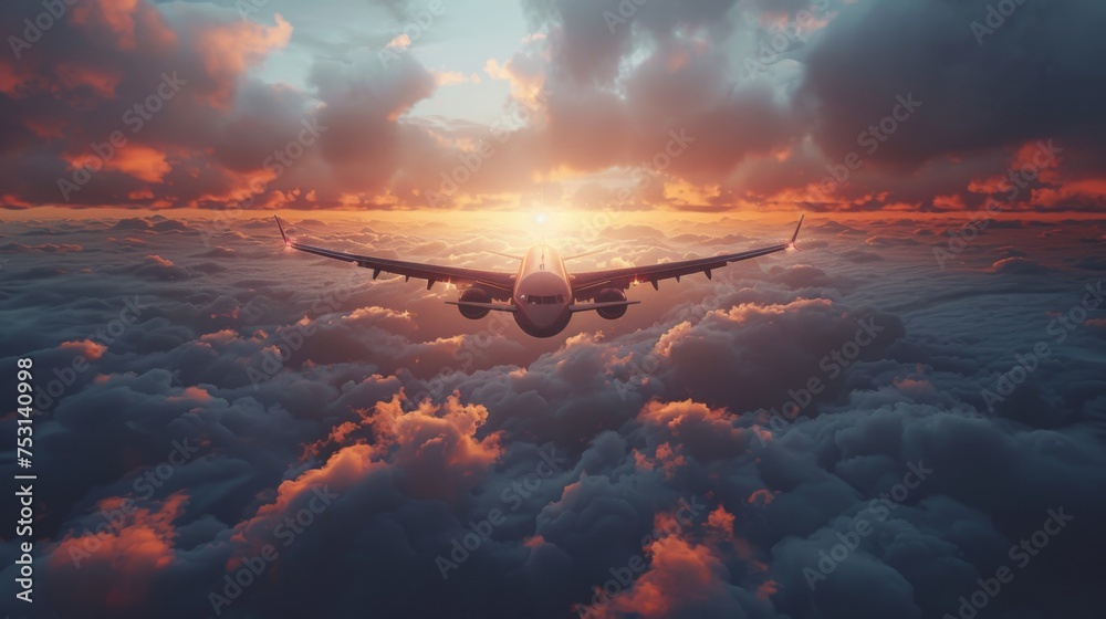 view from airliner window in morning. Airplane flight. Wing of airplane flying above clouds with sun. Airplane, Aircraft. Traveling by air. Flying above the clouds. View from window  - obrazy, fototapety, plakaty 