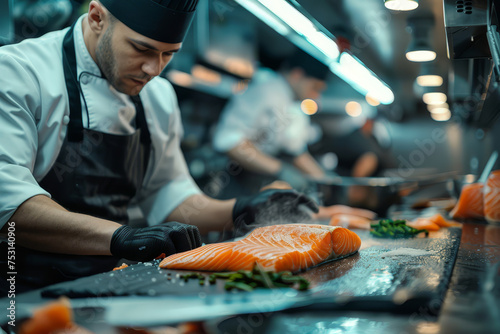 Focused chef meticulously seasoning fresh salmon fillets in a bustling professional kitchen, highlighting culinary expertise..