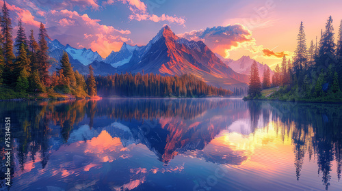 A serene sunset casts vibrant colors over a mountain range with a perfect reflection on the calm lake below, surrounded by evergreens..