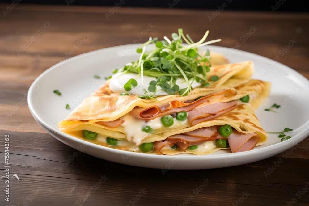 Filling Savory Crepe Served on a Rustic Kitchen Table: Immersing in the Delightful World of Traditional French-Cooking