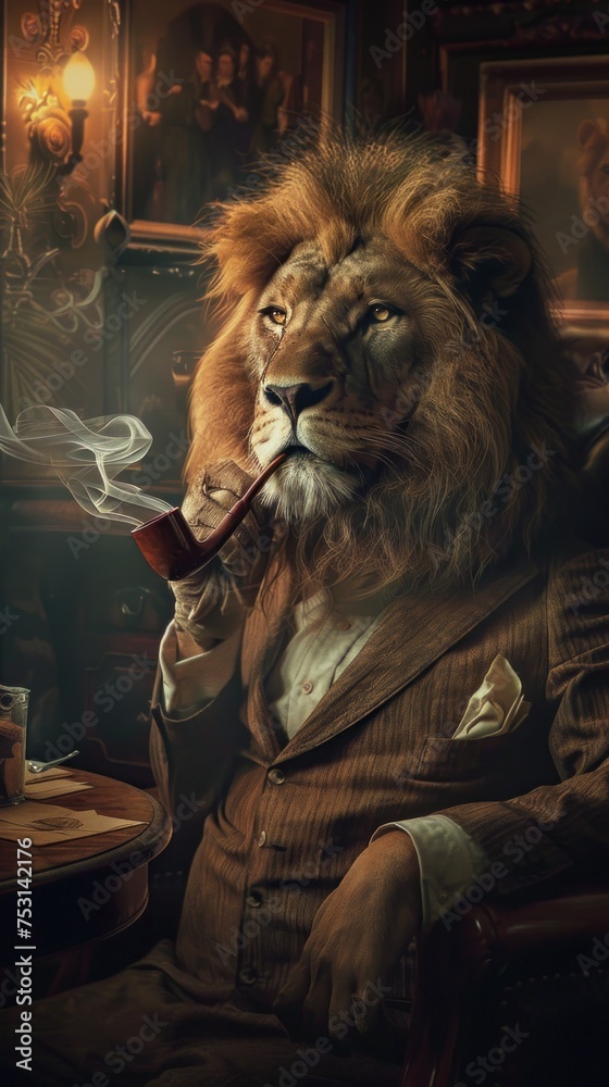 Surreal scene of a lion in vintage attire smoking a pipe in a dimly lit room hosting a clandestine meeting intense focus