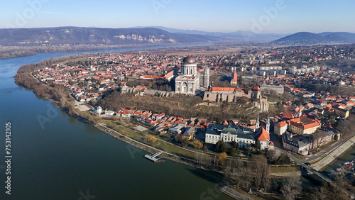 Aerial photos of the Basilica of Esztergom in Hungary on a sunny winter day.
Esztegomi Bazilika, Duna, Danube, Bridge, Hungary. photo