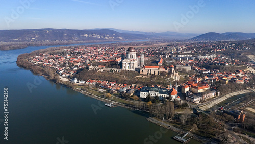 Aerial photos of the Basilica of Esztergom in Hungary on a sunny winter day. Esztegomi Bazilika, Duna, Danube, Bridge, Hungary.