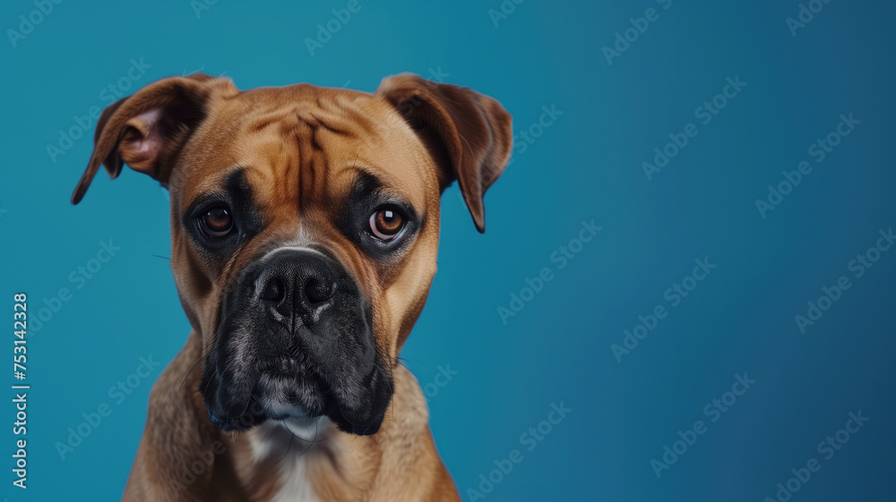 Advertising shot, portrait of sad dog looking straight into the camera isolated on solid blue background