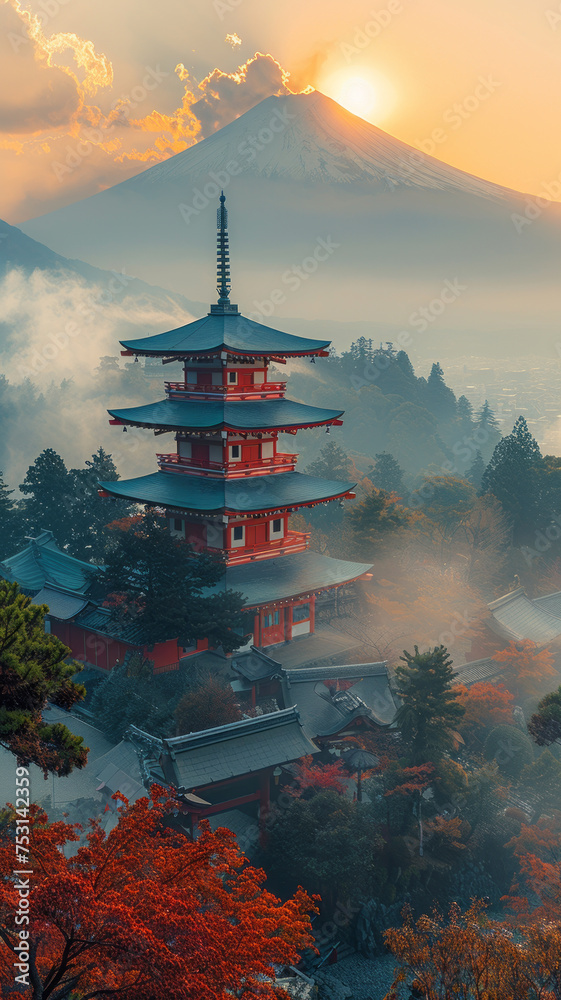 Fototapeta premium a sunrise morning coming from the Mount Fuji, in the style of ultra dramatic light, where the nature meets with the Tokyo architecture,generative ai