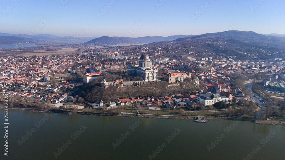 Naklejka premium Aerial photos of the Basilica of Esztergom in Hungary on a sunny winter day. Esztegomi Bazilika, Duna, Danube, Bridge, Hungary.