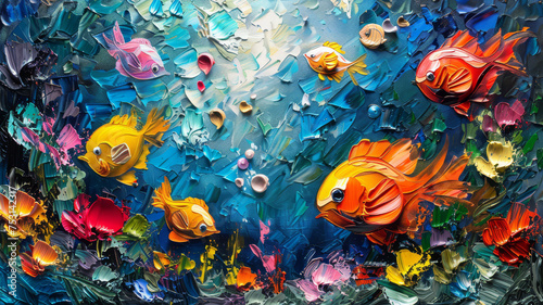 An abstract oil painting featuring a school of colorful tropical fish swimming in a vivid, textured underwater scene.. © bajita111122
