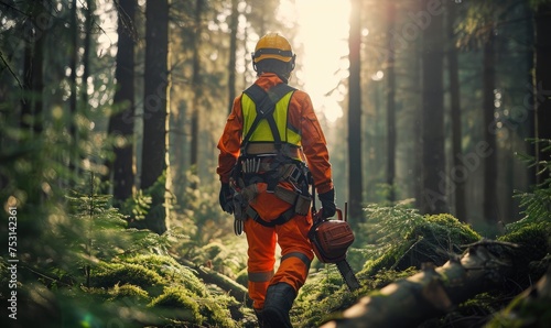 Forrest worker in orange protect suit holding chainsaw in his hand,