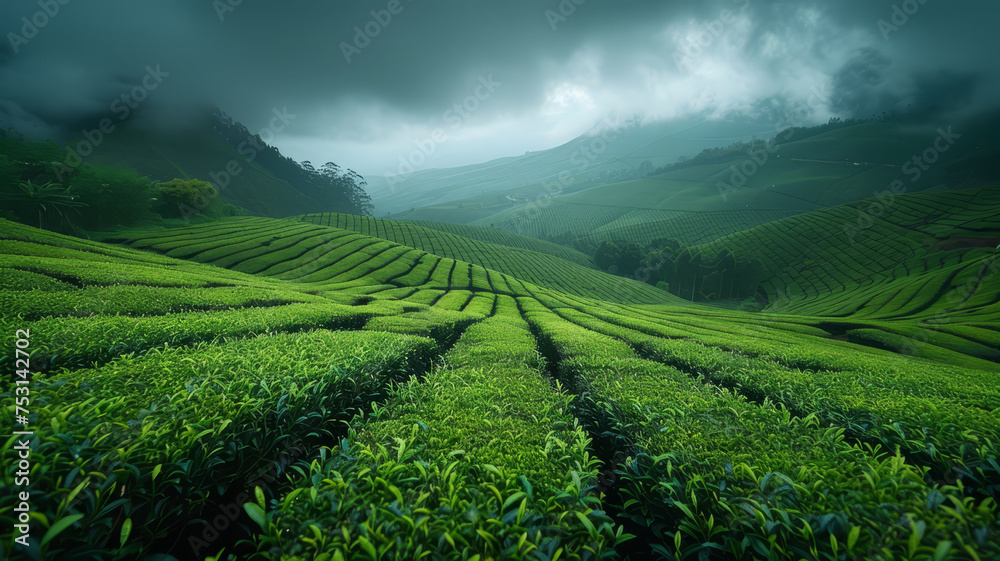 Lush green tea plantations cover undulating hills against a cloudy sky, evoking serenity and agricultural beauty..