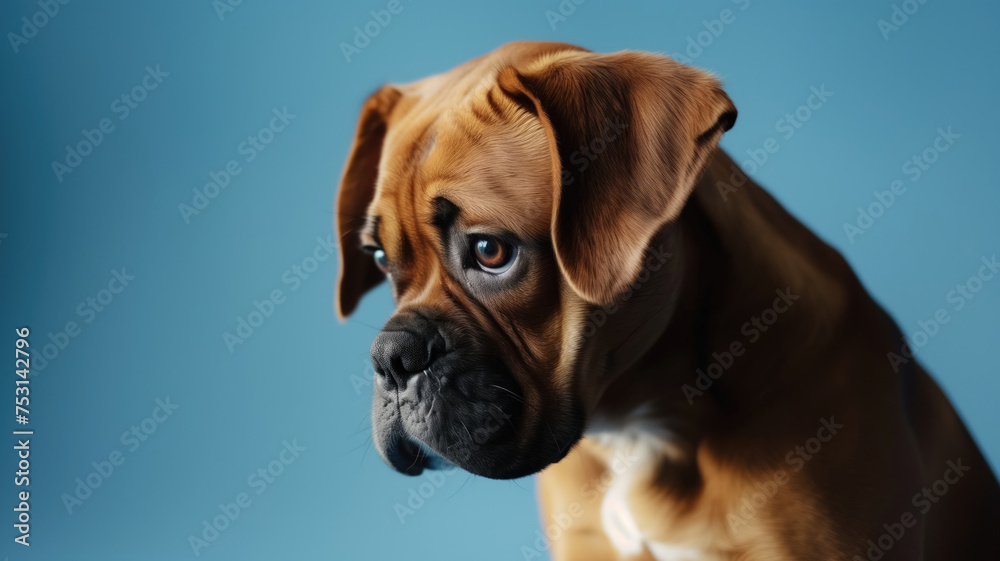 Advertising shot, portrait of sad dog looks down with raised ears isolated on solid blue background