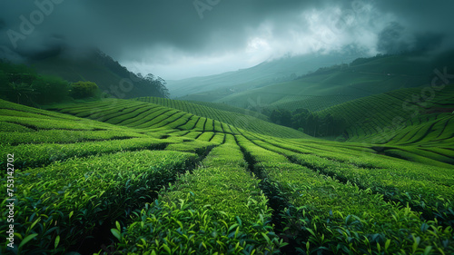 Lush green tea plantations cover undulating hills against a cloudy sky, evoking serenity and agricultural beauty..