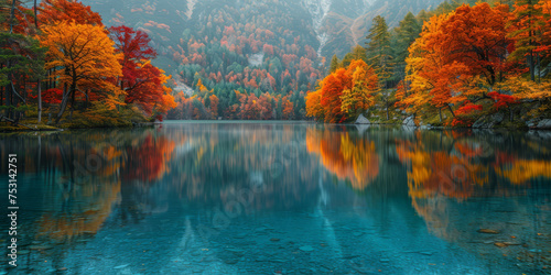 Vibrant autumn leaves reflect in a crystal-clear mountain lake, flanked by a backdrop of majestic mountains..