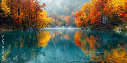 Vibrant autumn leaves reflect in a crystal-clear mountain lake, flanked by a backdrop of majestic mountains..