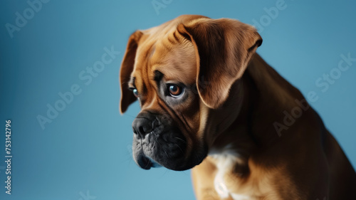 Advertising shot, portrait of sad dog looks down with raised ears isolated on solid blue background photo