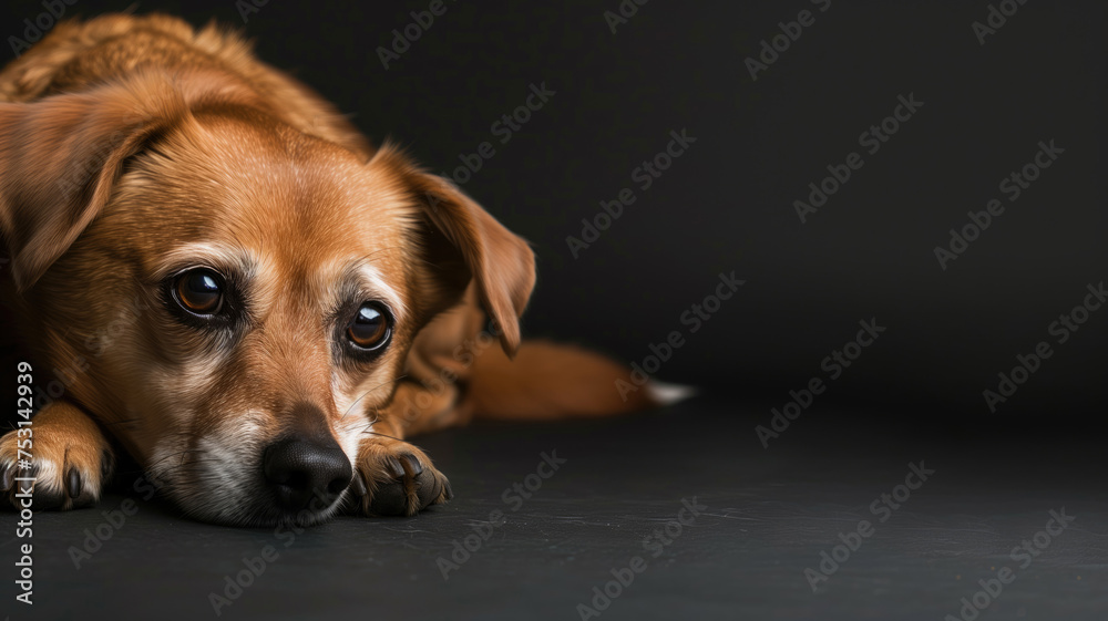 Advertising shot of sad red head dog lying on the dark black floor with straight sad look on solid black background Advertising shot of sad red head dog lying on the dark black floor with straight sad look on solid black background