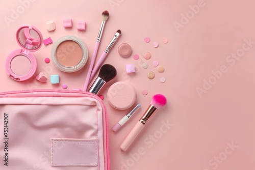 A pink bag overflowing with makeup and beauty items on a pastel background.