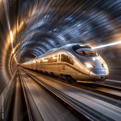 Silver high-speed train speeds through the tunnel, Rembrandt Lighting, Electrical.