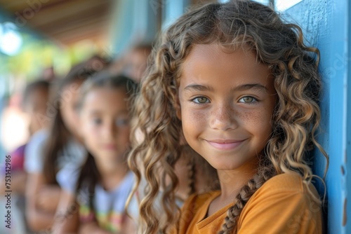 A portrait of a young girl with curly hair leaning on a blue wall, smiling at the camera with other children in the background