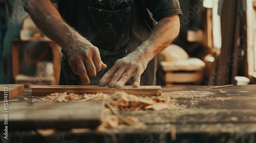  man owner a small furniture business is preparing wood for production. carpenter male is adjust wood to the desired size. architect, designer, Built-in, professional wood, craftsman, workshop. © pinkrabbit