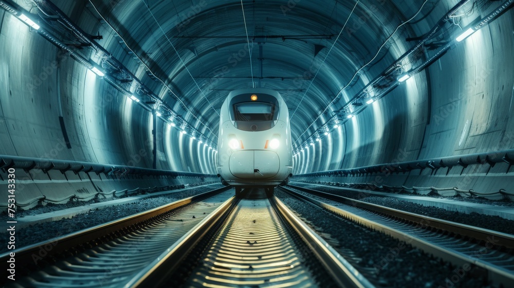 High speed train running inside a dark tunnel, headlights on, cables on top of the train, two parallel railway tracks of equal size, high quality photograph taken with medium format camera.
