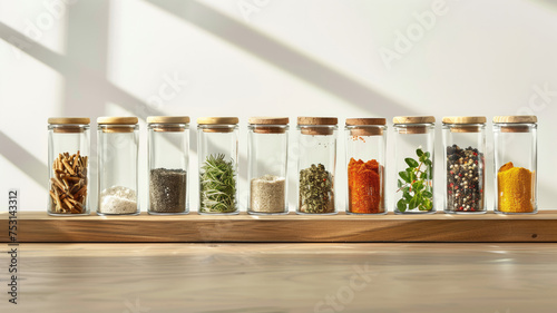 Set of colorful glass jars with spices on wooden shelf. Different flavor, taste and type of spices and bulk solids with white wall at the background