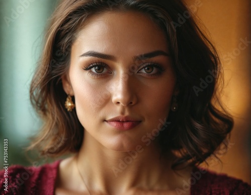 close-up of a woman with brown hair and brown eyes. She is wearing gold earrings and a red sweater. She looks serious and is staring into the camera.