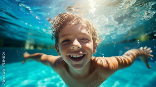 Cute smiling child having fun swimming and diving in the pool at the resort on summer vacation. Sun shines under water and sparkling water reflection. Activities and sports to happy kid © pinkrabbit