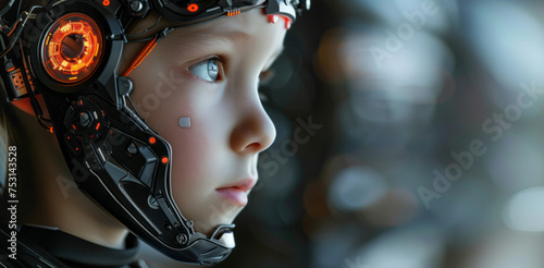 Portrait of a cyborg robot child with technical elements and sensors on his face and head. Concept for the development of a technological new generation of children, banner with copyspace photo