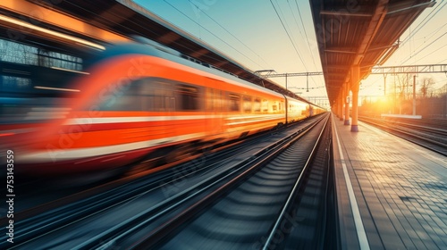 High speed orange train in motion on the railway station at sunset. Modern intercity passenger train with motion blur effect on the railway platform. Industrial. Railroad in Europe. Transport. © Cheetose