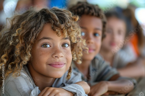 A child with curly hair and a pensive look with schoolmates blurred in the background photo