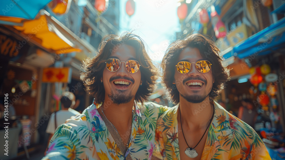 selfie of two japanese brothers wearing hawaii shirt laughing and walking on the street in Thailand ,generative ai selfie of two japanese brothers wearing hawaii shirt laughing and walking on the street in Thailand ,generative ai