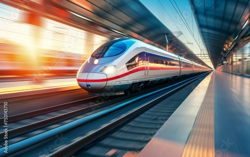 High speed train in motion on the railway station at sunset. Fast moving modern passenger train on railway platform. Railroad with motion blur effect.