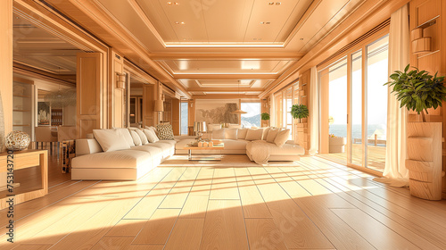 Beautiful living room in a luxurious contemporary made of natural materials home.