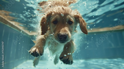 Funny underwater picture of puppies in swimming pool playing deep dive action training game with family pets and popular dog breeds during summer holidays. recreation, relax photo