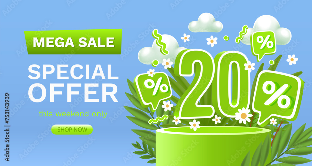 Spring sale offer 20 percentage, flyer save season. Vector illustration