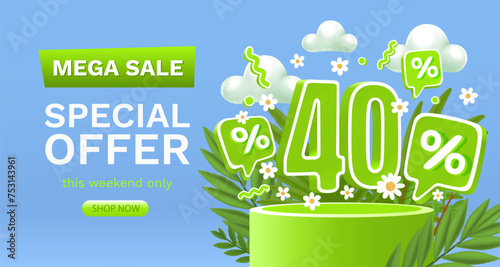 Spring sale offer 40 percentage, flyer save season. Vector illustration